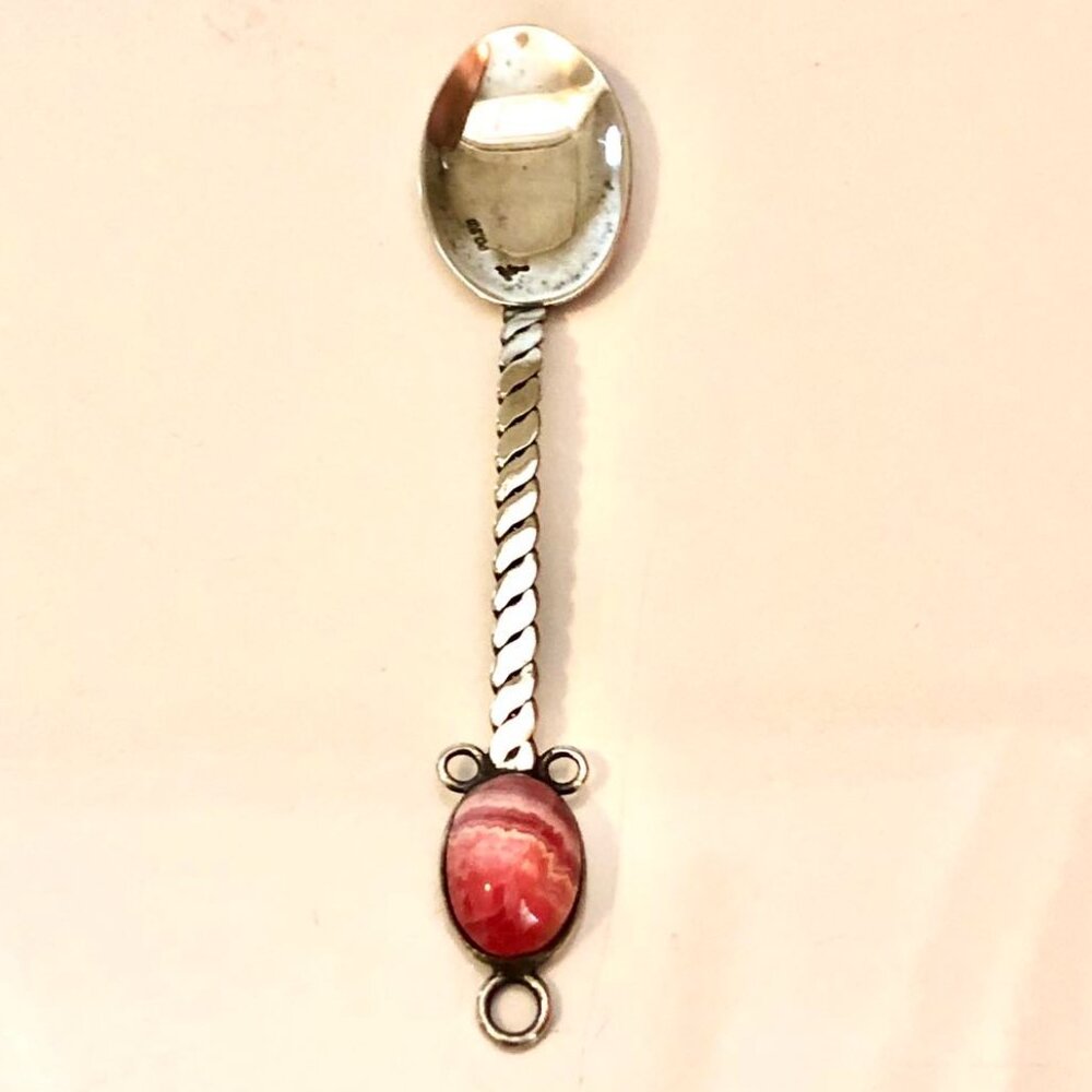 Antique Argentina Handcrafted Silver Demitasse Spoon Pink Rhodochrosite Crystal